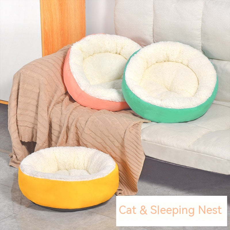 Cozy Round Lamb Wool Bed for Warm, Happy Pets
